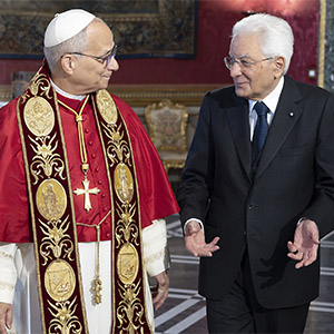President Mattarella welcomes His Holiness Pope Leo XIV to the Quirinale Palace
